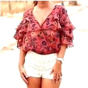 ZARA Sheer Orange Botanical Floral Print Ruffle Bodysuit, Small